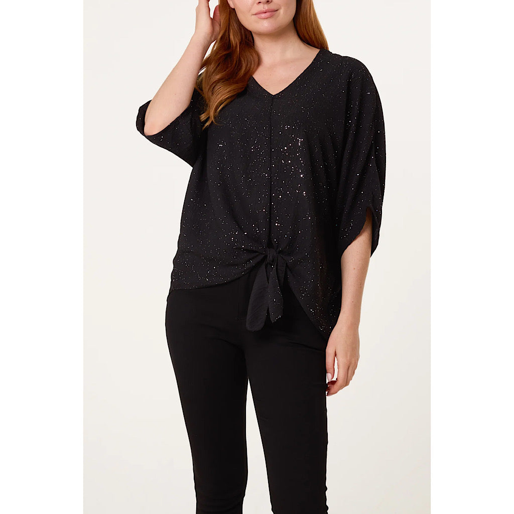 Black Sparkle Tie-Front Blouse