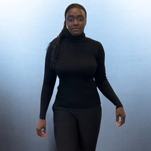 Black Stretchy Ribbed Fine Knit Basic Polo Neck Jumper