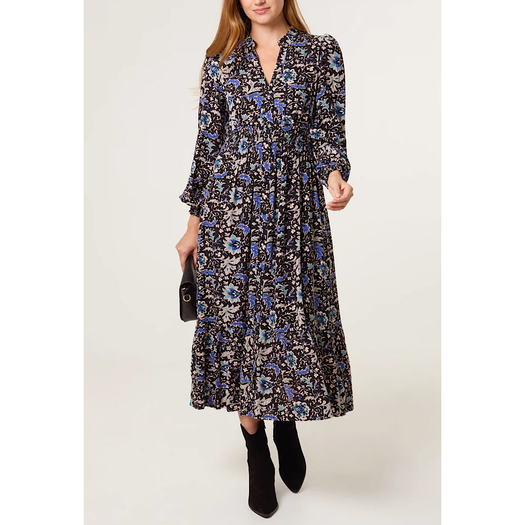Blue Floral Print Grandad Collar Shirt Dress with Pockets