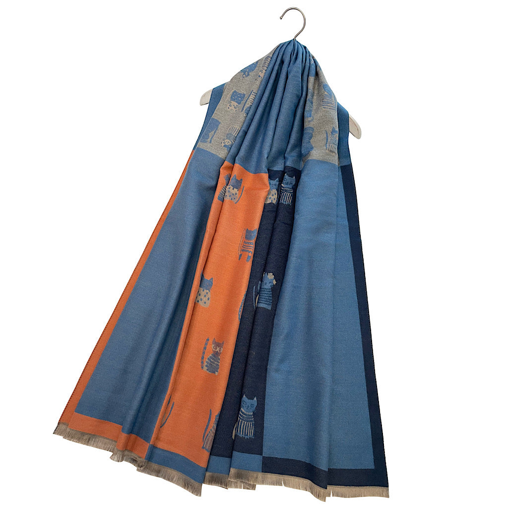 Blue & Orange Playful Cat Parade Scarf