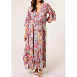 Floral Paisley Shirred V-Neck Maxi (front)