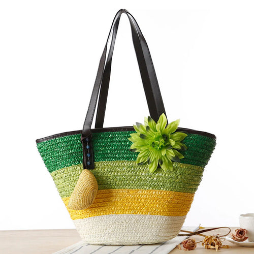 Green Straw Basket Bag with Flower and Free Coin Purse