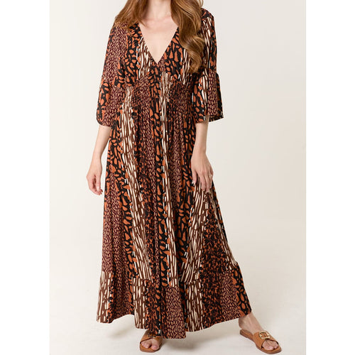 Animal Print V-Neck Shirred Maxi Dress