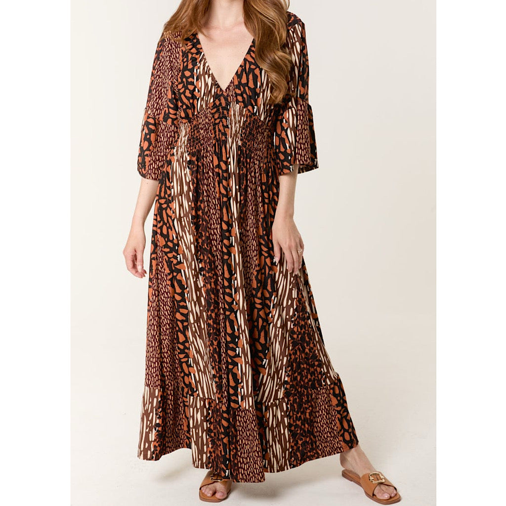 Animal Print V-Neck Shirred Maxi Dress