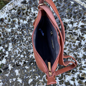 Cognac Crossbody Bag with Front Zip Pockets (open)