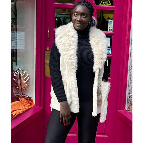 Cream Winter Luxe Faux Fur Gilet with Tie Belt