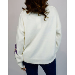 Ivory Coloured Sequin Flower V-Neck Jumper (back)