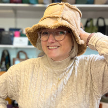 Load image into Gallery viewer, Ladies Camel Reversible Sherpa Bucket Hat (on model)
