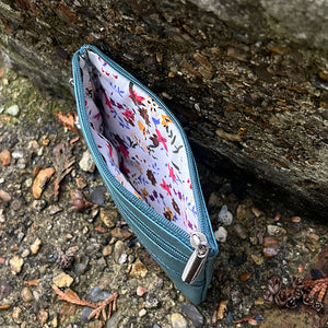 Sea Blue Soft Leather 3 Zip Coin Purse (open)