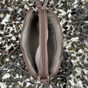 Small Bitter Chocolate Double Zip Crossbody Bag (open)