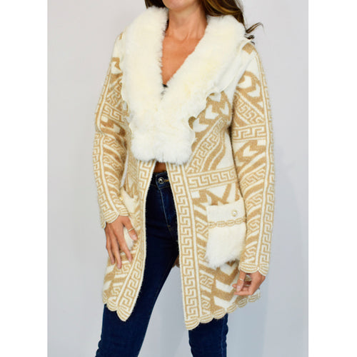 Ivory Fur Trim Aztec Knit Cardigan