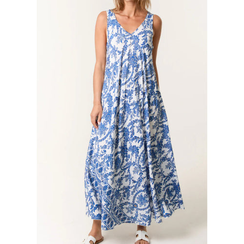 Blue Floral Paisley V-Neck Maxi Dress