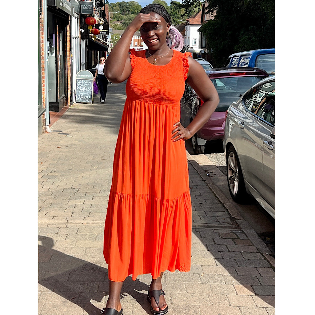 Orange Shirred Body Midi Dress