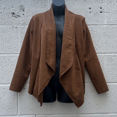 Camel Short Suedette Waterfall Drape Front Jacket