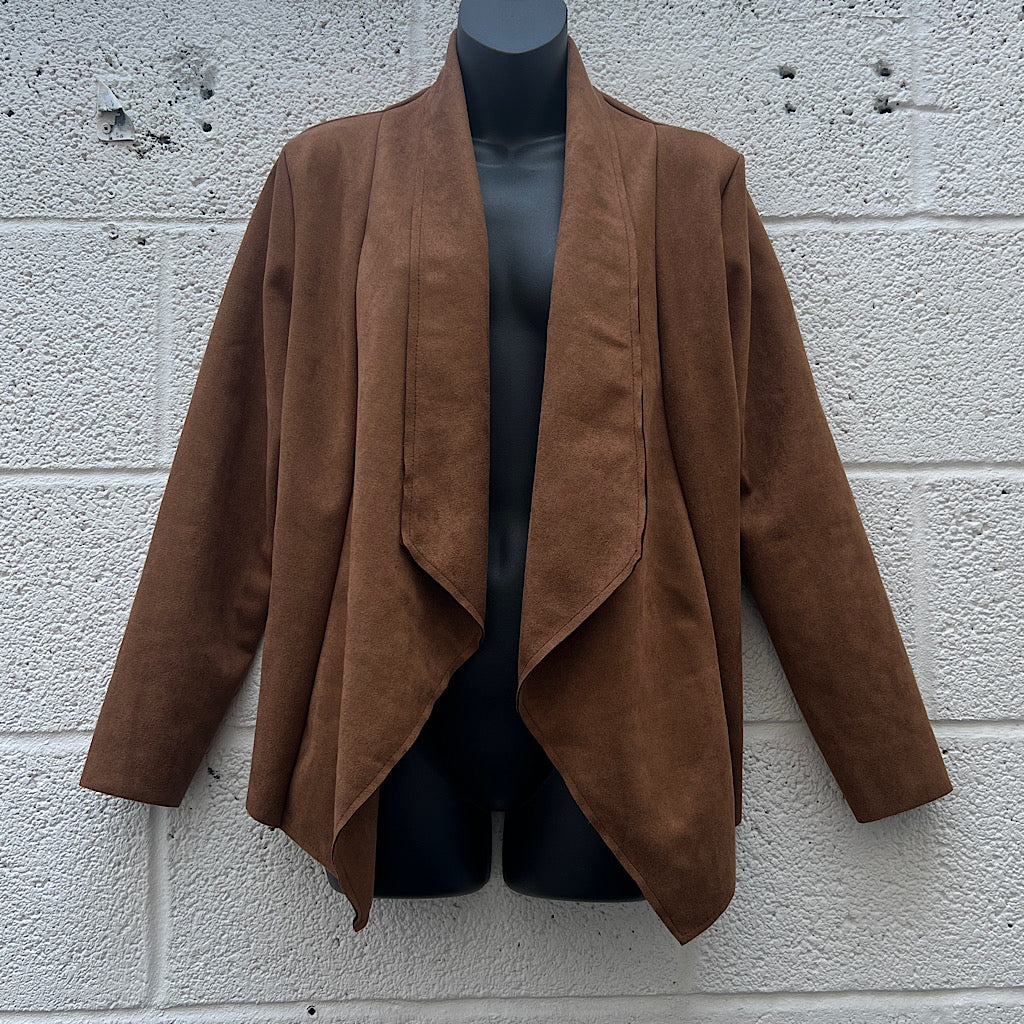 Camel Short Suedette Waterfall Drape Front Jacket