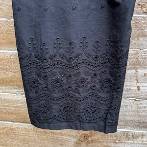 Black Lightweight Cotton Trousers with Embroidery Detail (close up)