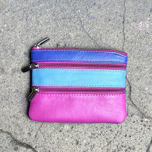 Pink Multi Soft Leather 3 Zip Coin Purse