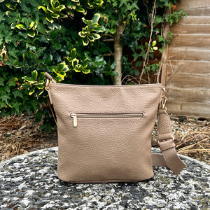 Taupe Front Zip Pocket Messenger Style Bag (back)