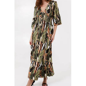 Khaki & Earth Tones Shirred V-Neck Maxi