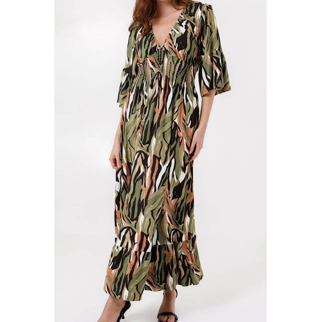 Khaki & Earth Tones Shirred V-Neck Maxi