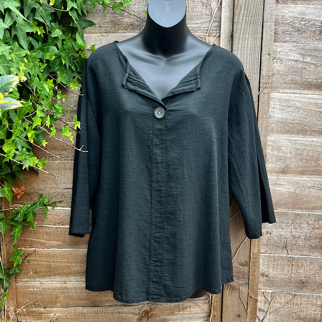 Black Plain Italian Cotton Button Top