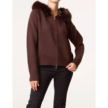 Load image into Gallery viewer, Chocolate Brown Faux Fur Trim Hooded Zip-Up Cardigan
