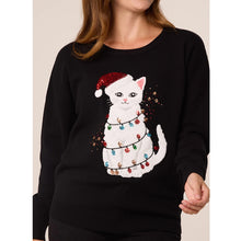 Load image into Gallery viewer, Christmas Cat Sequin Soft Knit Jumper – Black (close up)
