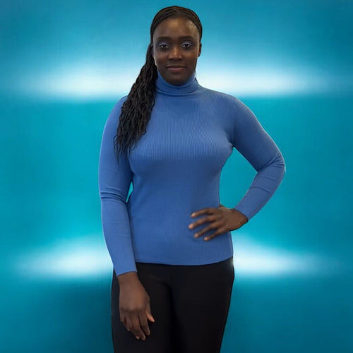 Cobalt Stretchy Ribbed Fine Knit Basic Polo Neck Jumper