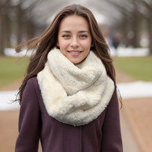 Load image into Gallery viewer, Cream Winter Glow Faux Fur Infinity Scarf (On model)
