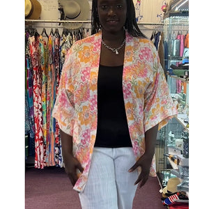 Pink, Orange & White Floral Print Kimono