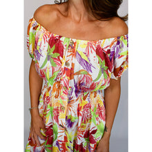 Load image into Gallery viewer, Bardot Midi Dress with Pockets | Green &amp; Yellow Multi Coloured Leaf Print (close up)
