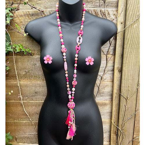 Pretty Fuchsia Chunky Beaded Long Necklace