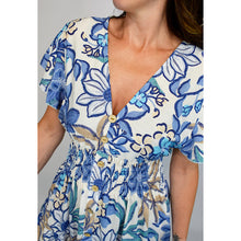 Load image into Gallery viewer, Angel Sleeve V-Neck Midi Dress with Pockets | Blue Floral (close up)
