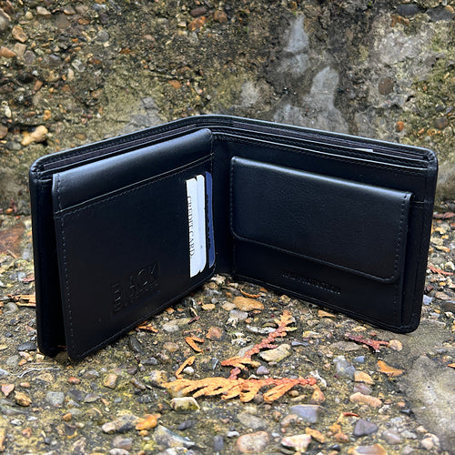 Gents Leather Wallet with 9 Card Slots & Coin Pocket By Black (open)
