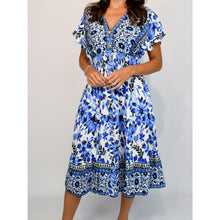 Load image into Gallery viewer, Angel Sleeve V-Neck Midi Dress with Pockets | Blue Floral Border Print
