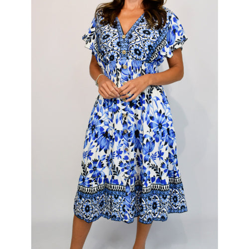 Angel Sleeve V-Neck Midi Dress with Pockets | Blue Floral Border Print