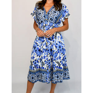 Angel Sleeve V-Neck Midi Dress with Pockets | Blue Floral Border Print
