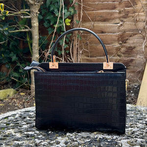 Black "Aria" Italian Leather Croc Grab Bag (back)