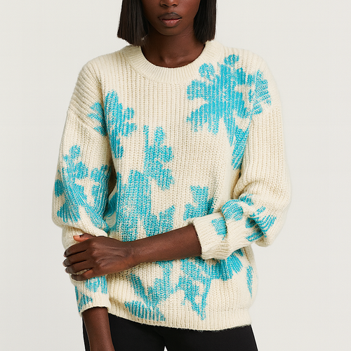 Denim Foil Flower Ribbed Jumper (on model)