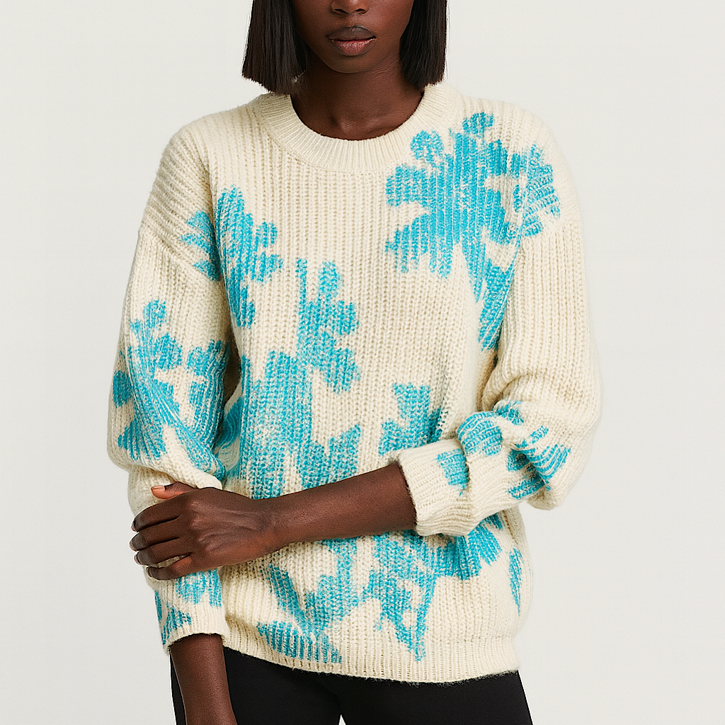 Denim Foil Flower Ribbed Jumper (on model)