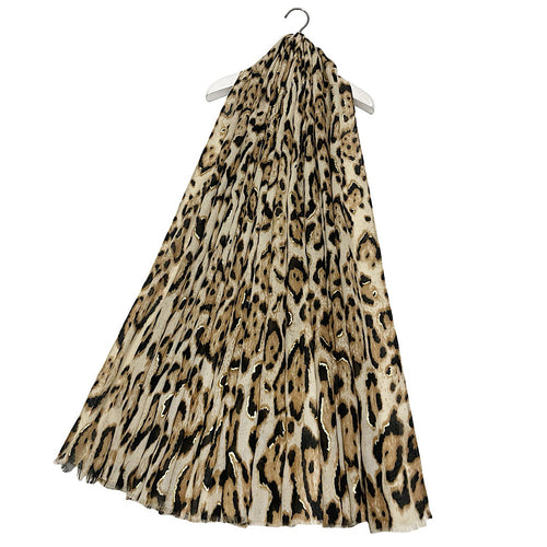 Gold Foil Leopard Print Frayed Scarf