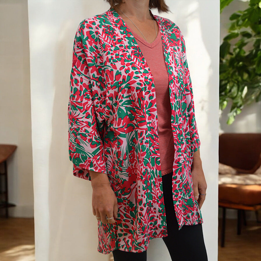 Green & Pink Abstract Print Kimono