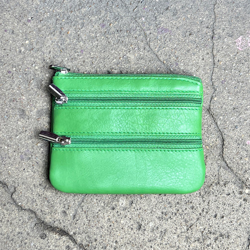 Green Soft Leather 3 Zip Coin Purse
