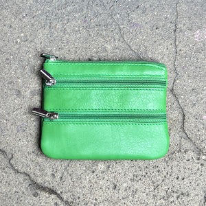 Green Soft Leather 3 Zip Coin Purse