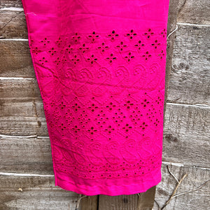Fuchsia Lightweight Cotton Trousers with Embroidery Detail (close up)