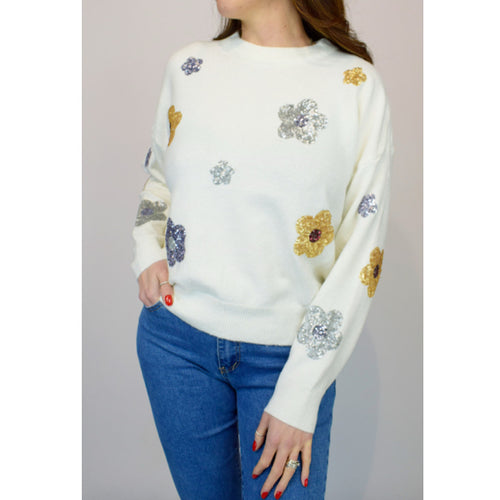 Ivory Sequin Flower Soft Knit Jumper