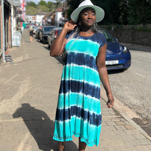 Navy Cap Sleeve Tie Dye Dress with Silk Screen Printed Pattern