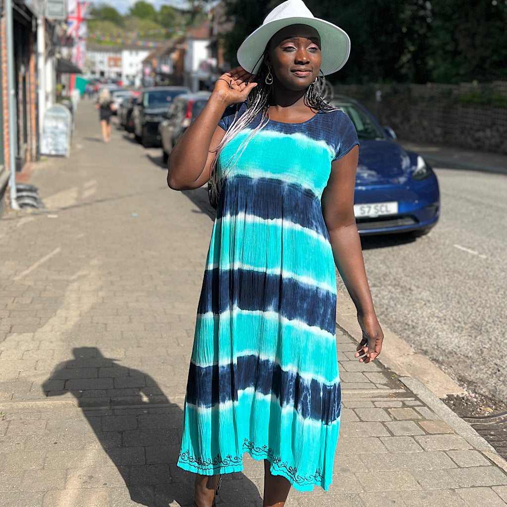 Navy Cap Sleeve Tie Dye Dress with Silk Screen Printed Pattern