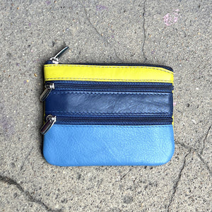 Blue Multi Soft Leather 3 Zip Coin Purse