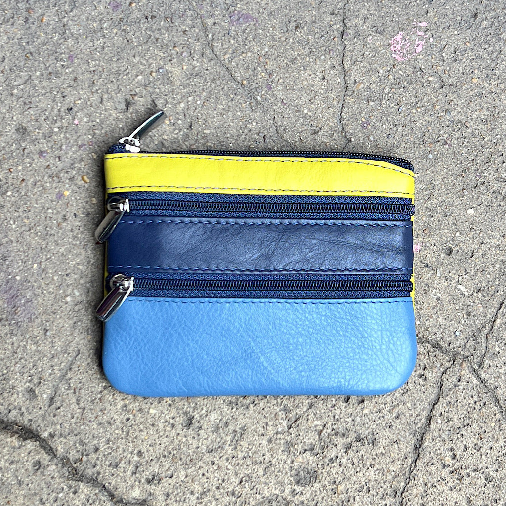 Blue Multi Soft Leather 3 Zip Coin Purse